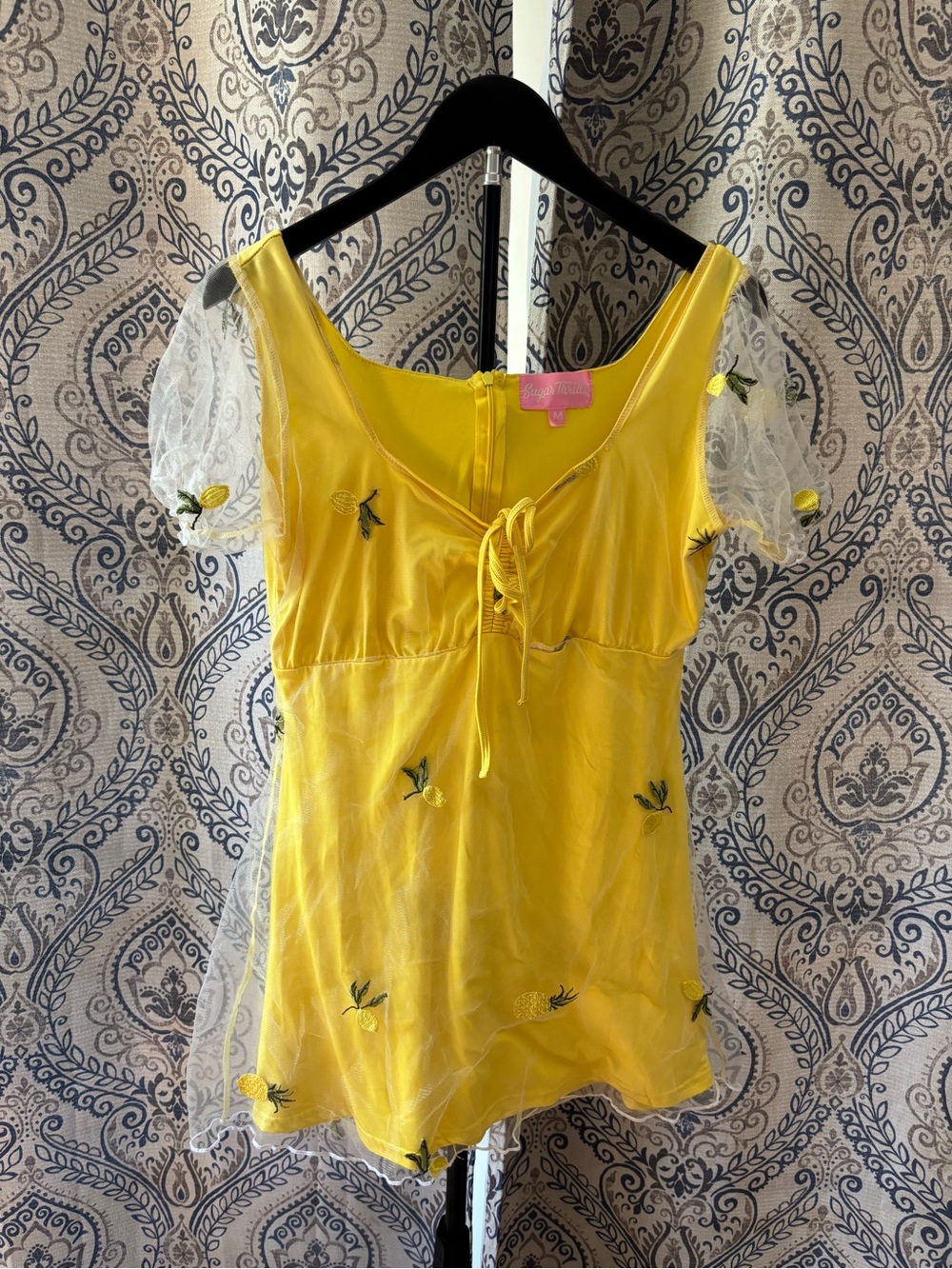 Yellow Embroidered Puff-Sleeve Women's Top